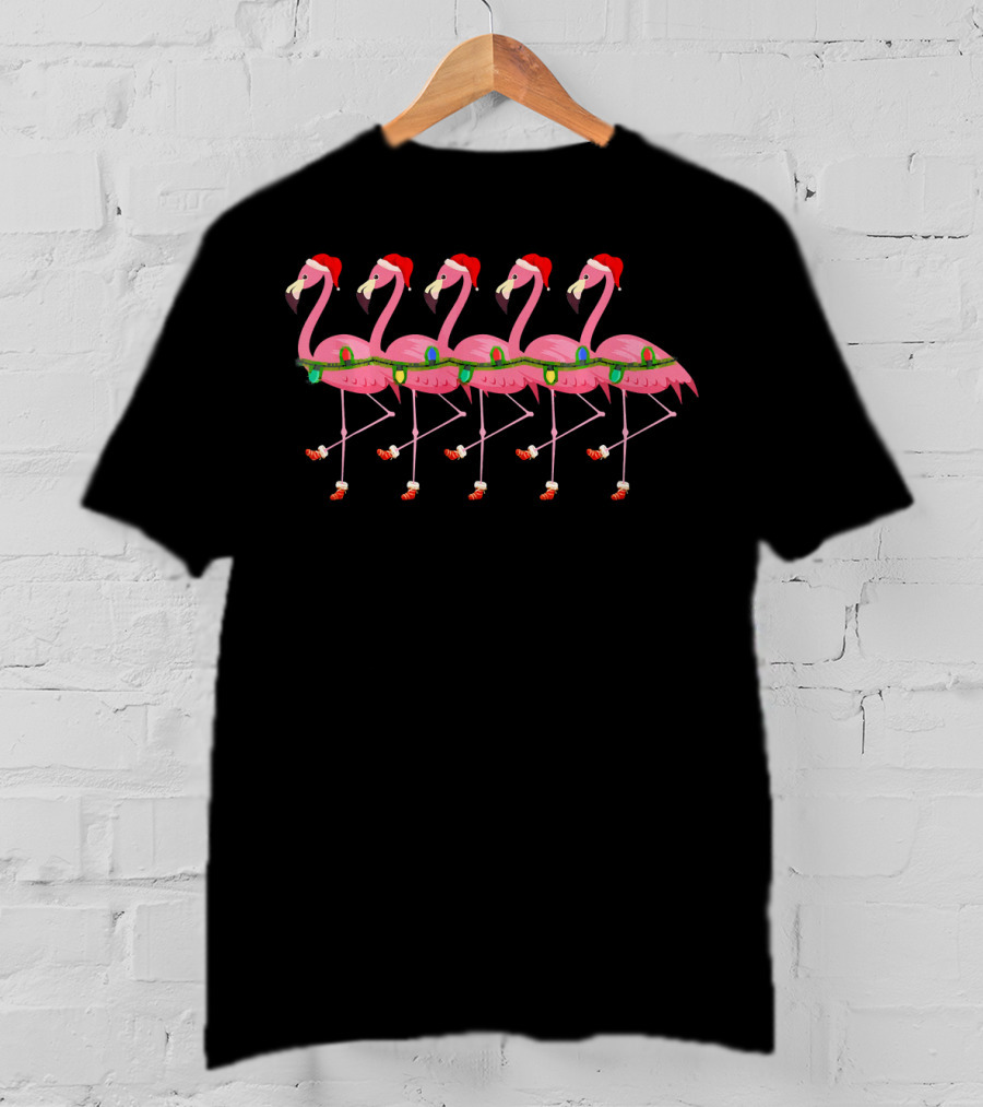 Flamingos Christmas Flock Santa Hat T-Shirt