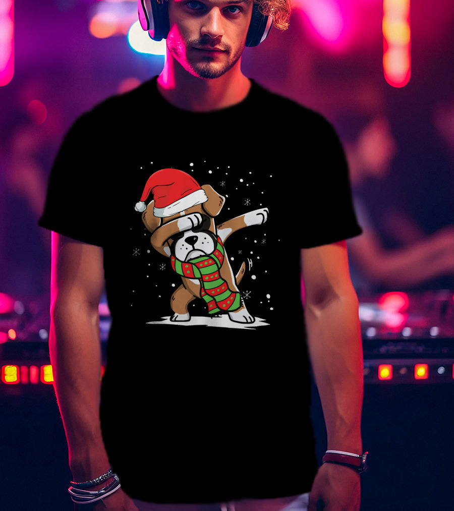 Santa Hat Dabbing Boxer With Christmas Scarf T-Shirt