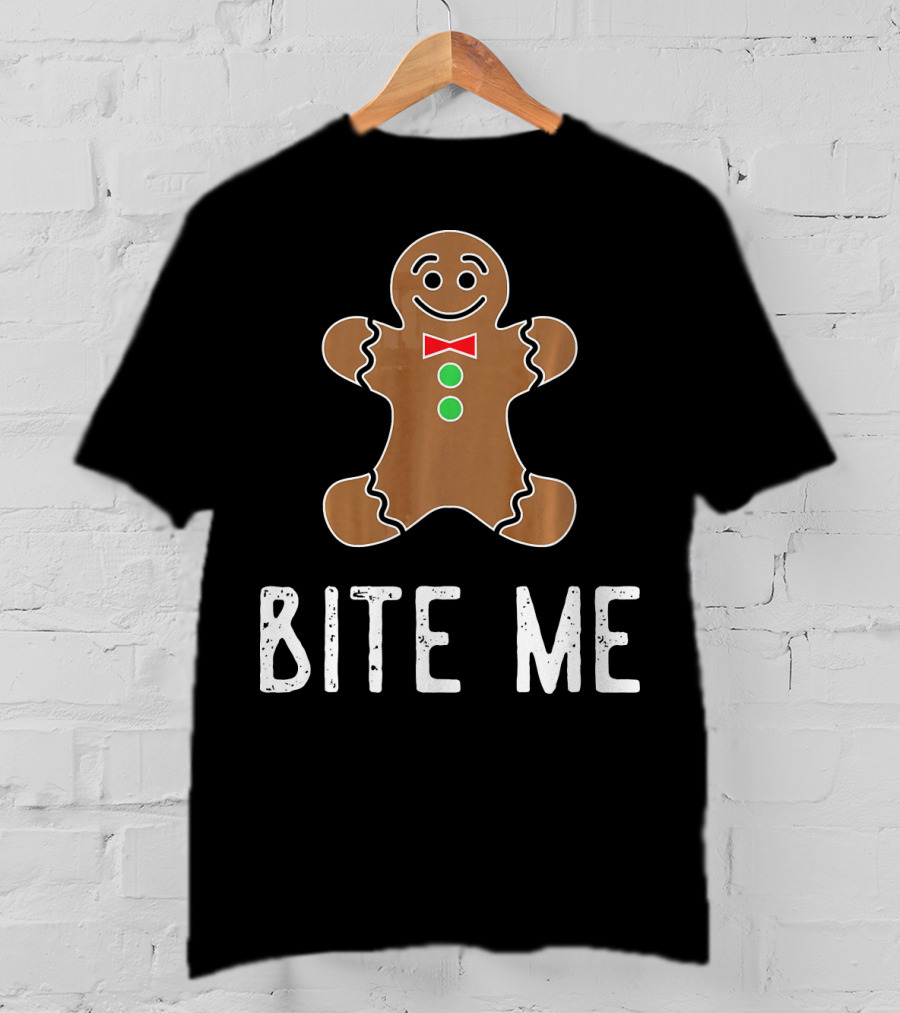 Bite Me Gingerbread Cookie Red Bow Tie Green Buttons T-Shirt