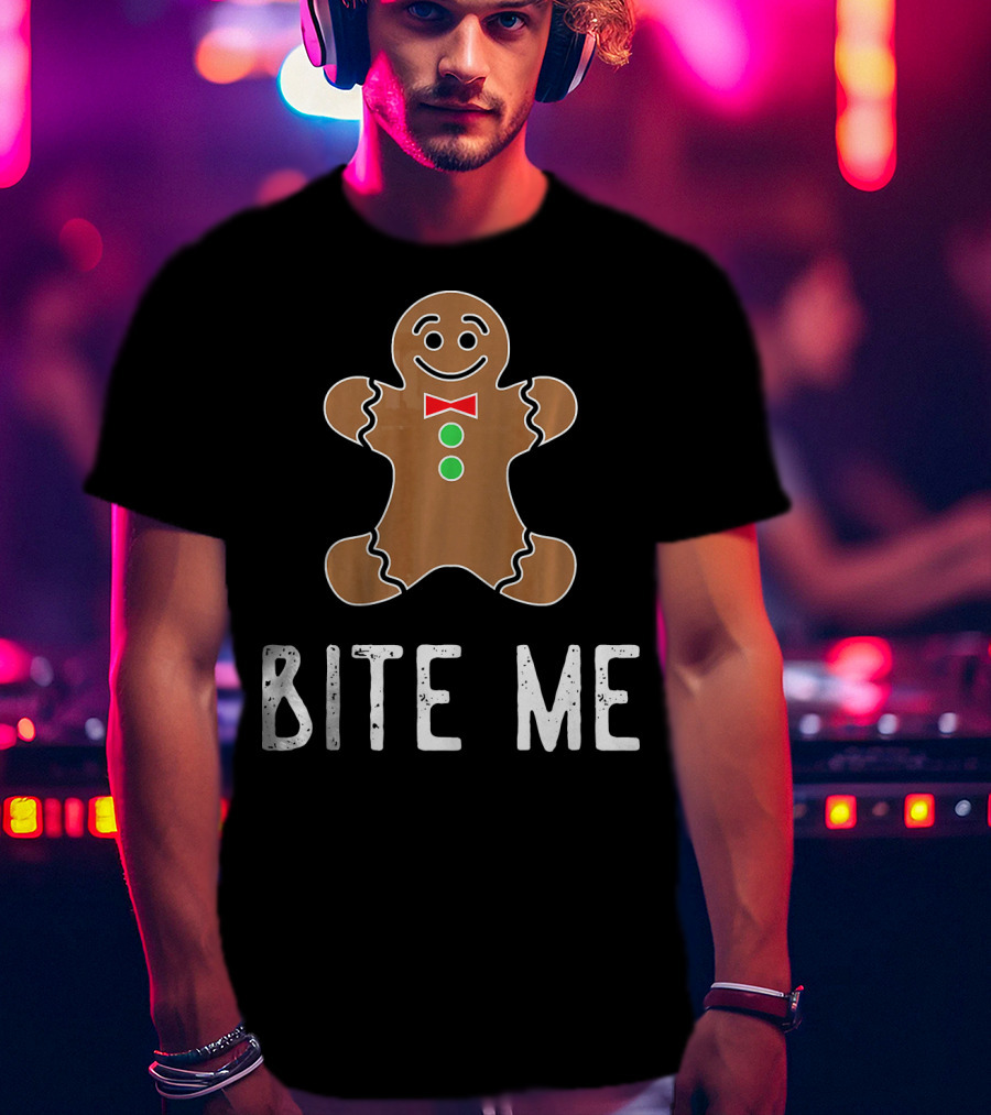 Bite Me Gingerbread Cookie Red Bow Tie Green Buttons T-Shirt