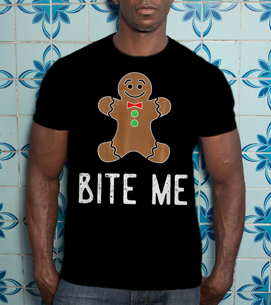 Bite Me Gingerbread Cookie Red Bow Tie Green Buttons T-Shirt