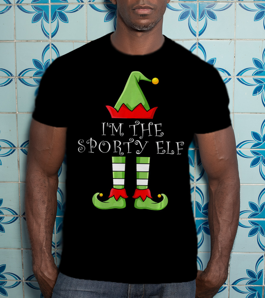 I'm The Sporty Elf Christmas Hat And Striped Shoes T-Shirt