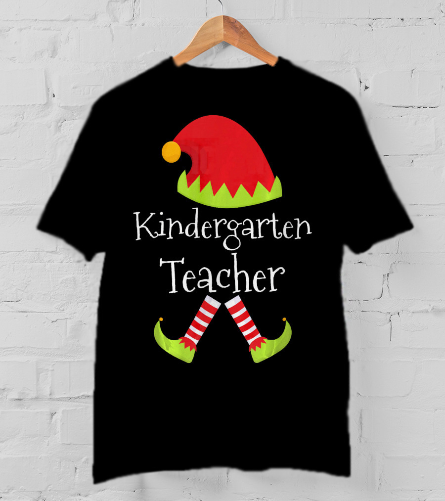 Kindergarten Teacher Christmas Elf Hat And Shoes Matching T-Shirt