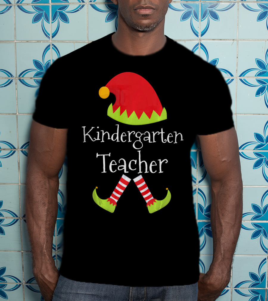Kindergarten Teacher Christmas Elf Hat And Shoes Matching T-Shirt
