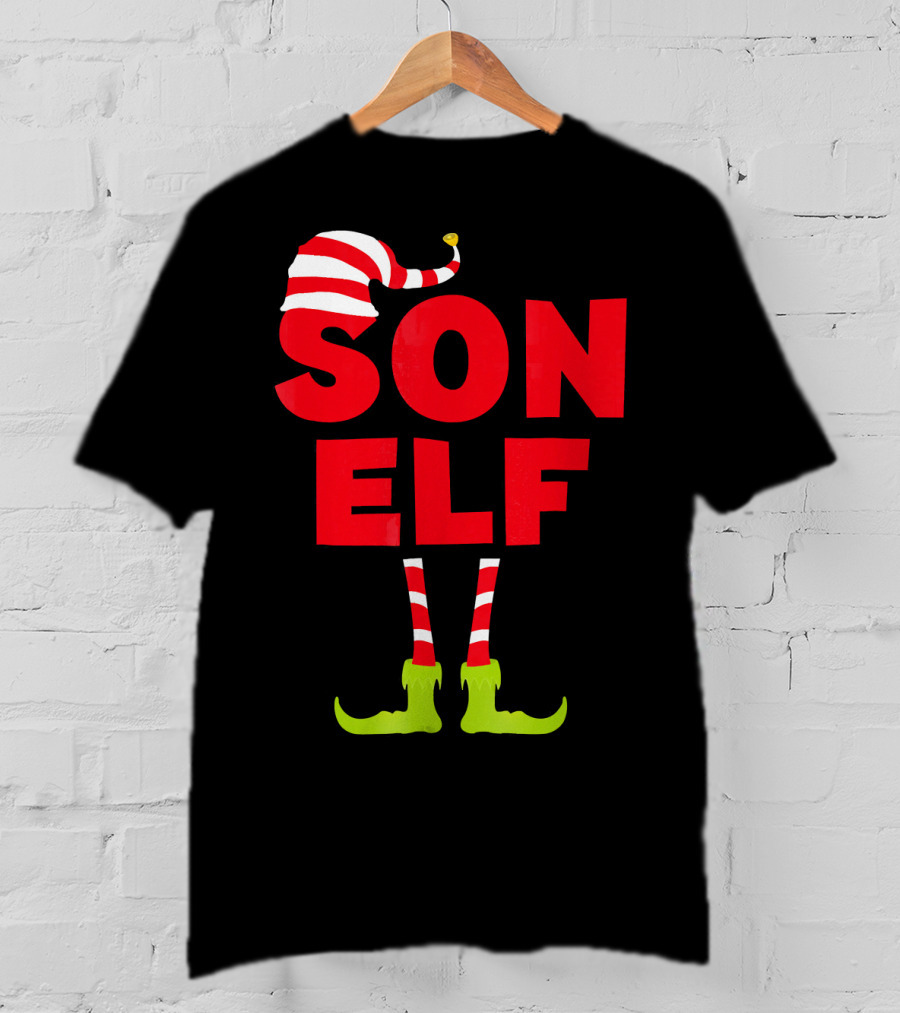 Son Elf Matching Christmas Costume Striped Hat And Socks T-Shirt
