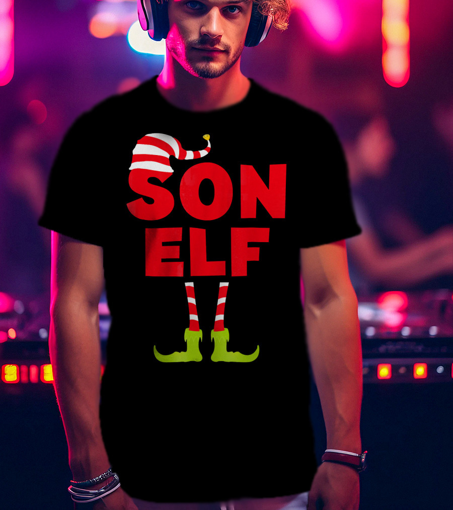 Son Elf Matching Christmas Costume Striped Hat And Socks T-Shirt