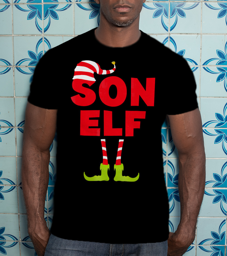 Son Elf Matching Christmas Costume Striped Hat And Socks T-Shirt