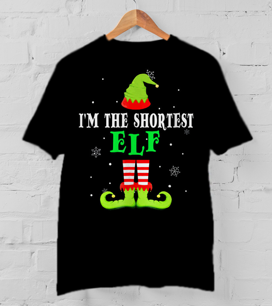 I'm The Shortest Elf Festive Holiday Design Snowflakes Green Hat Red Striped Legs T-Shirt