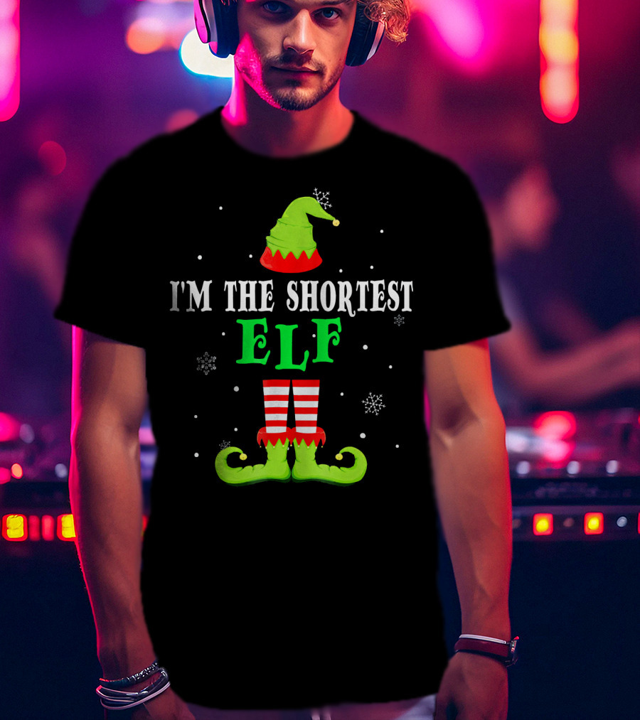 I'm The Shortest Elf Festive Holiday Design Snowflakes Green Hat Red Striped Legs T-Shirt