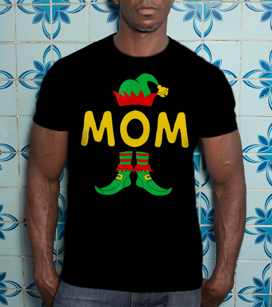 Mom Elf Funny Christmas Family Mat Festive Green And Red T-Shirt
