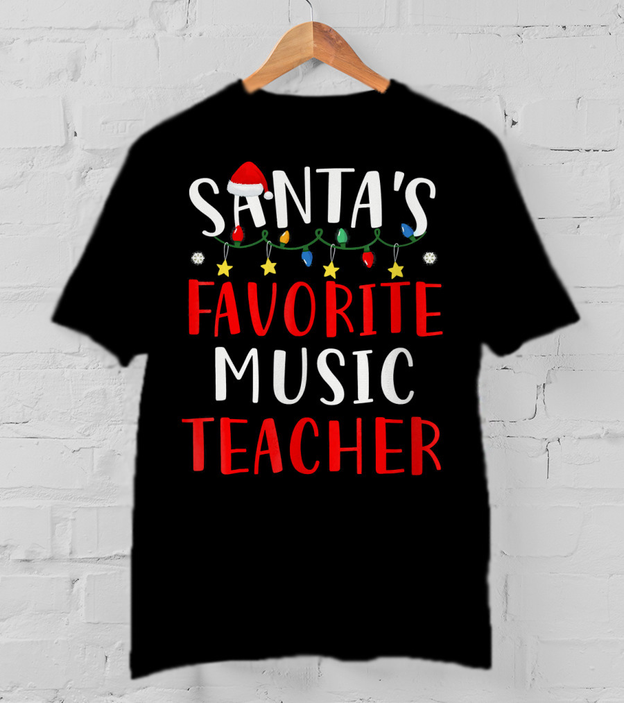 Santa's Favorite Music Teacher Holiday Lights And Stars T-Shirt