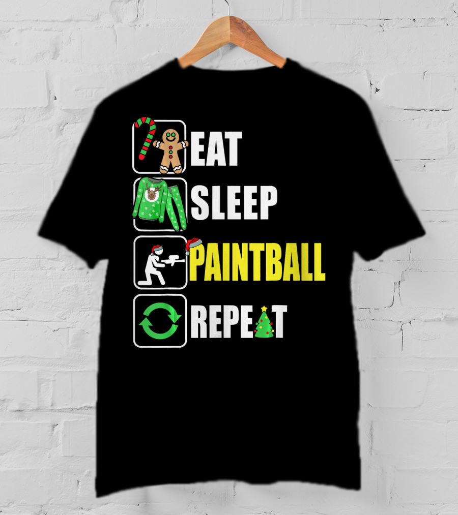 Eat Sleep Paintball Repeat Christmas Candy Cane Gingerbread Ugly Sweater Santa Hat Tree T-Shirt