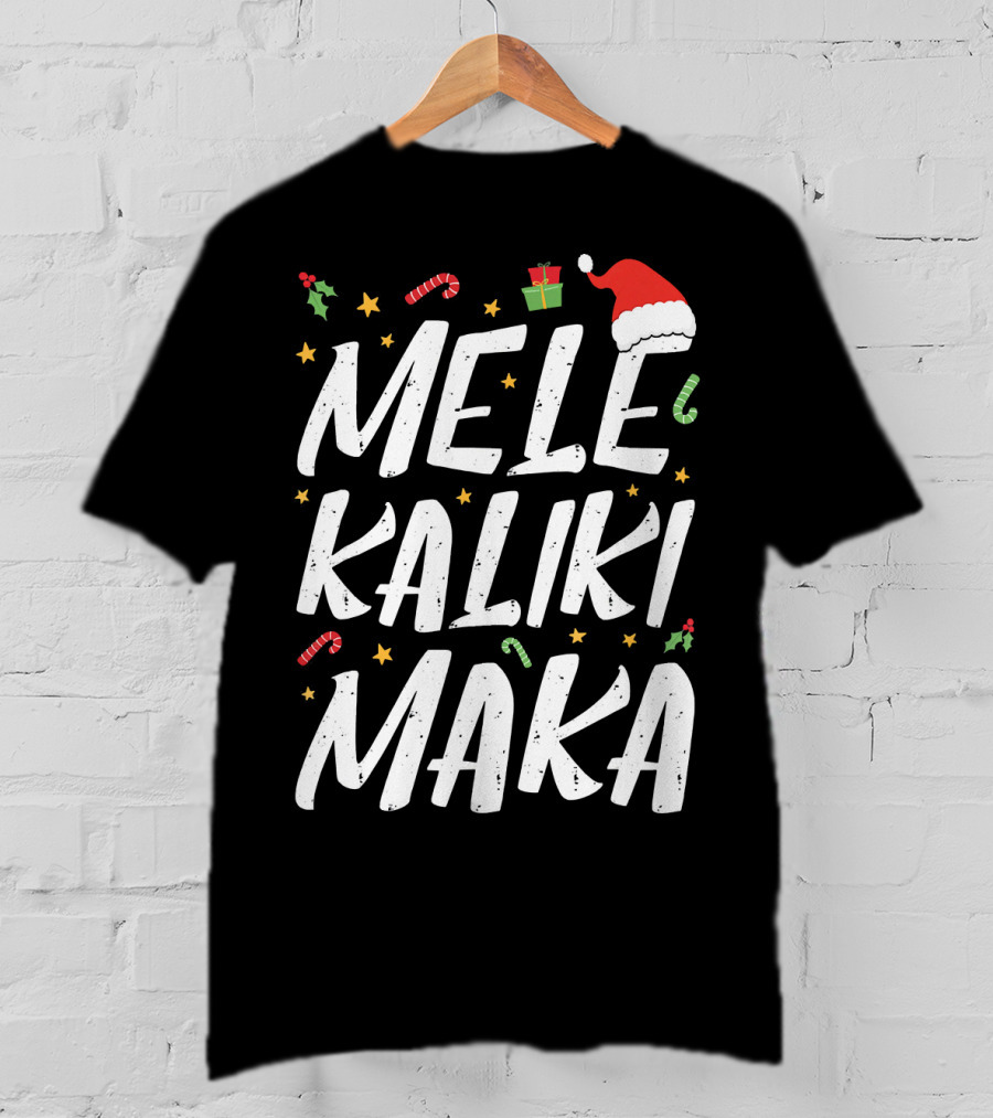 Mele Kalikimaka Christmas Hawaii Santa Hat Candy Canes Holly Presents T-Shirt