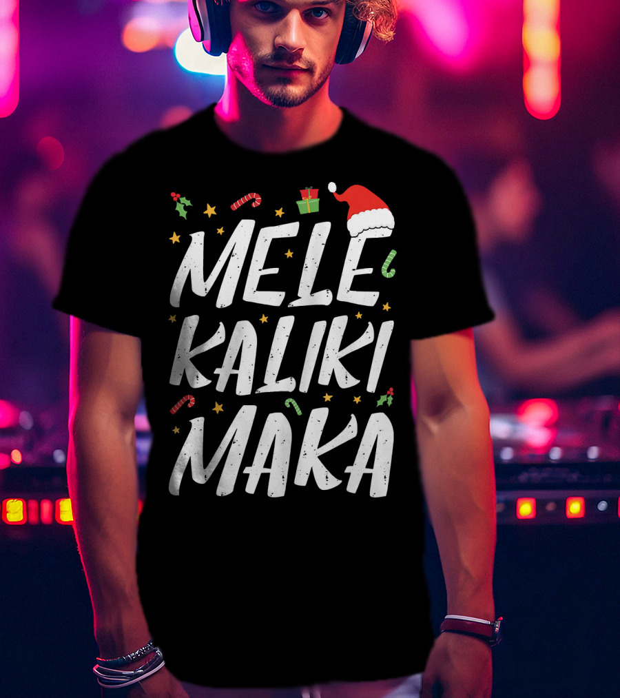 Mele Kalikimaka Christmas Hawaii Santa Hat Candy Canes Holly Presents T-Shirt