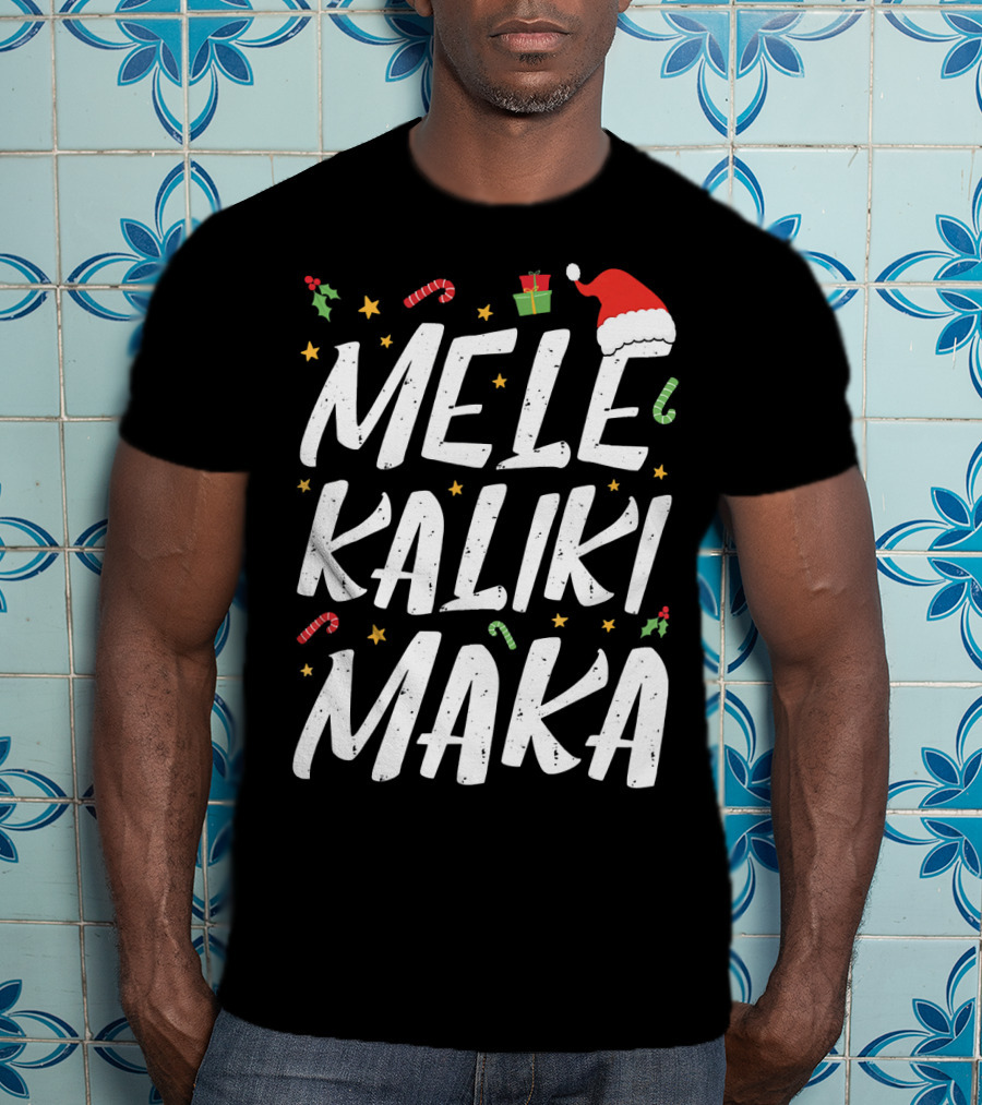 Mele Kalikimaka Christmas Hawaii Santa Hat Candy Canes Holly Presents T-Shirt