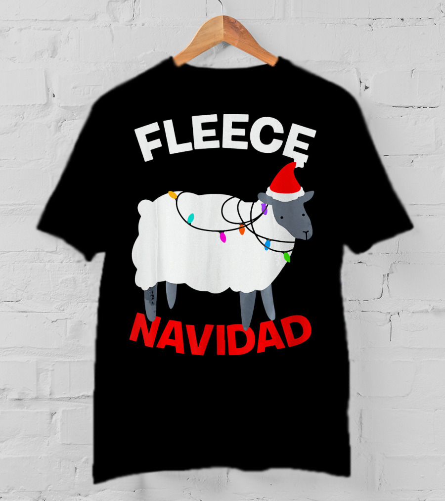 Fleece Navidad Funny Christmas Sheep Santa Hat Lights T-Shirt