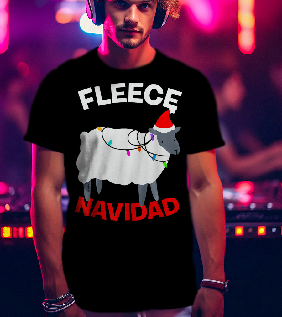 Fleece Navidad Funny Christmas Sheep Santa Hat Lights T-Shirt