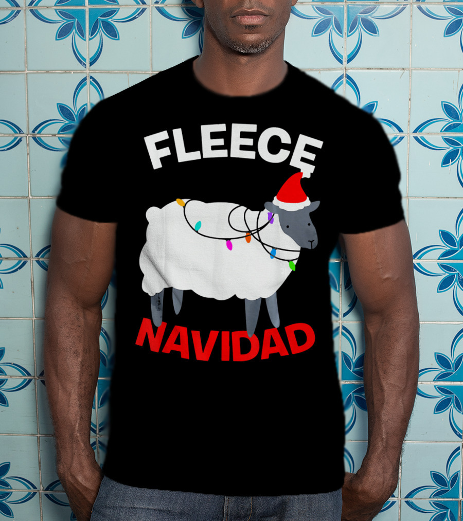 Fleece Navidad Funny Christmas Sheep Santa Hat Lights T-Shirt