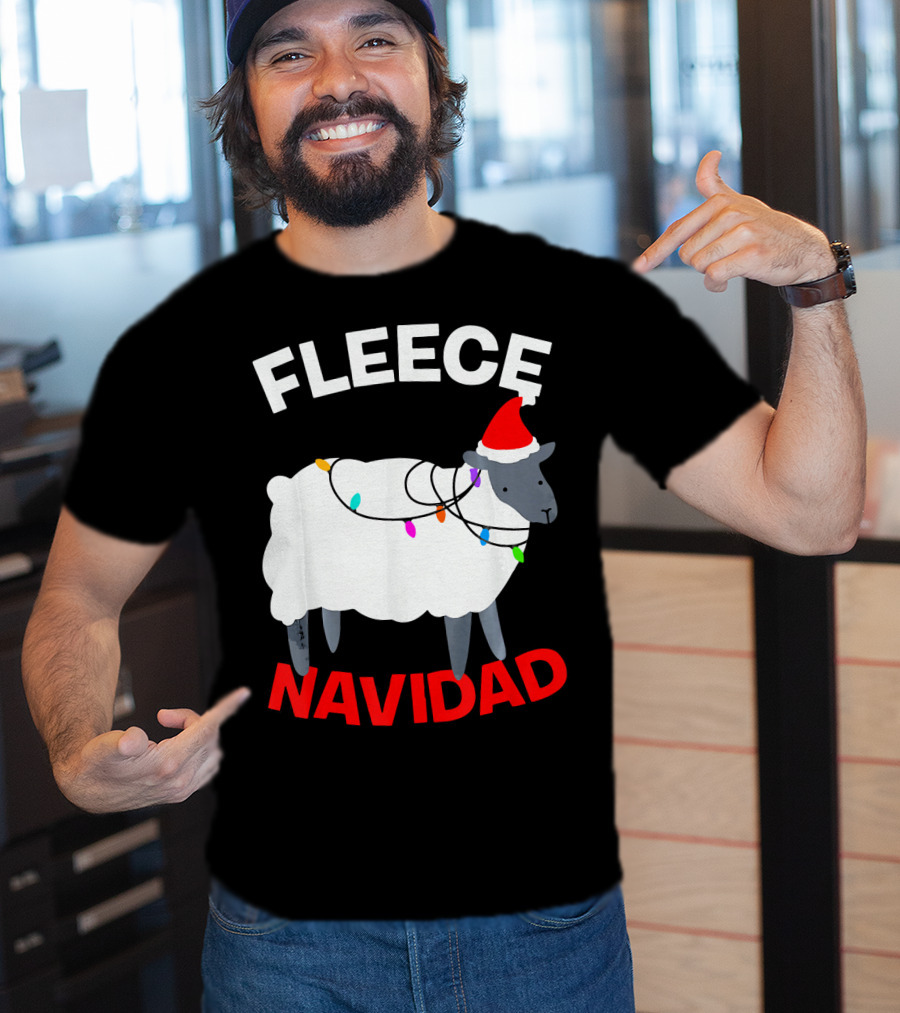 Fleece Navidad Funny Christmas Sheep Santa Hat Lights T-Shirt