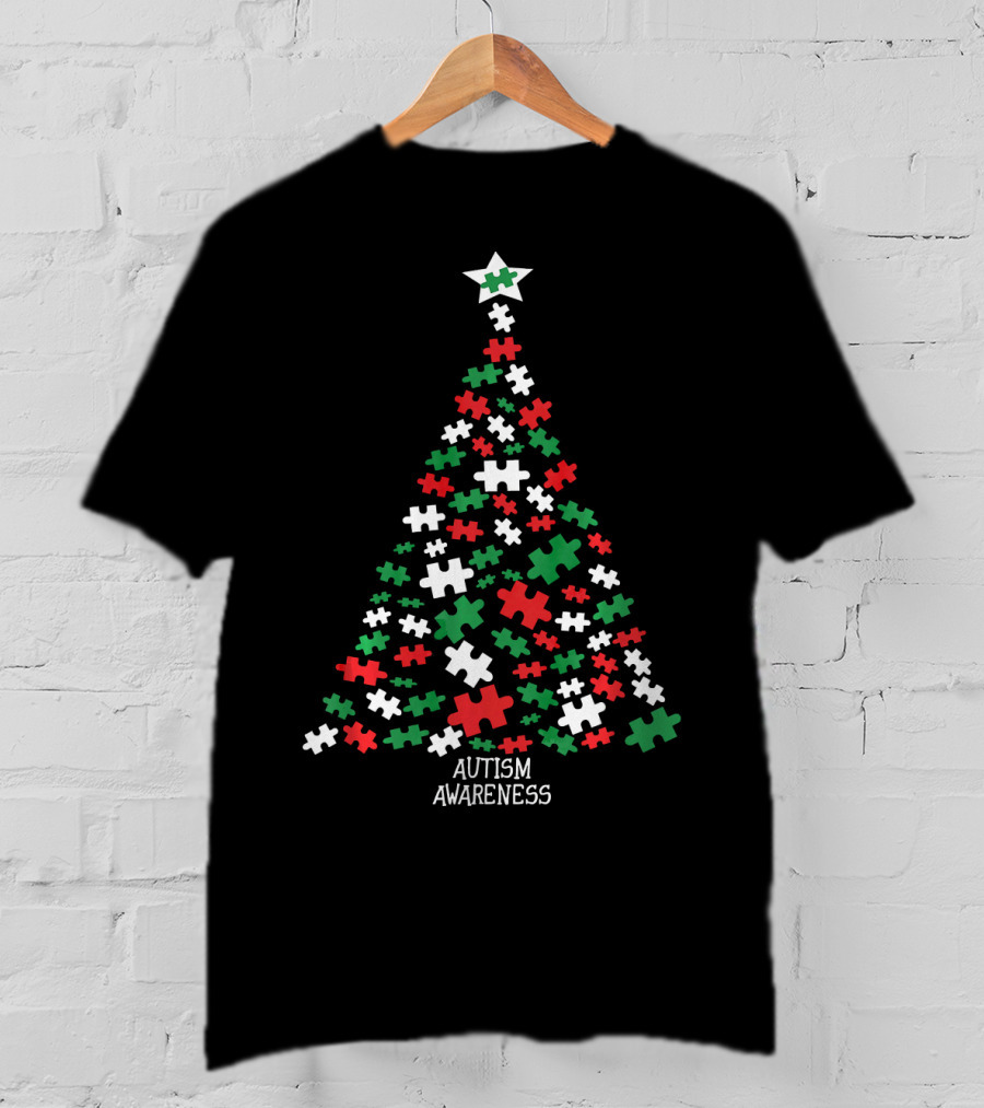 Christmas Autism Awareness Puzzle Piece Tree T-Shirt