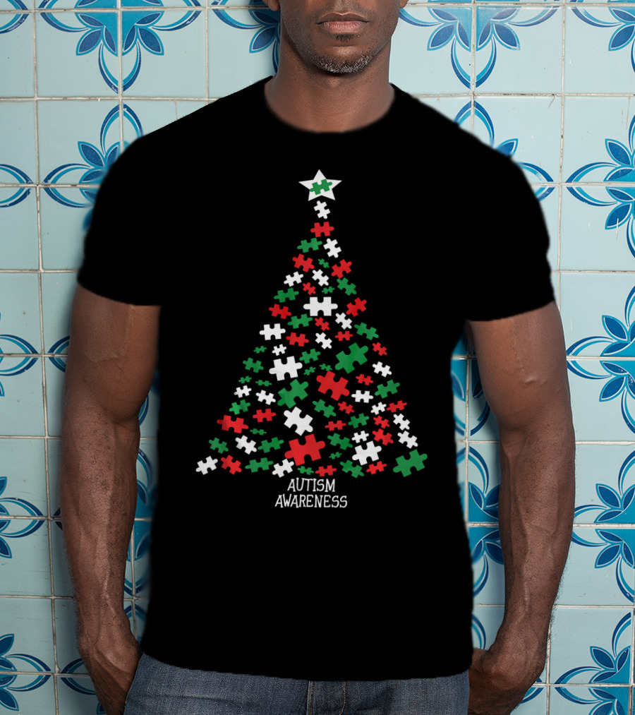 Christmas Autism Awareness Puzzle Piece Tree T-Shirt