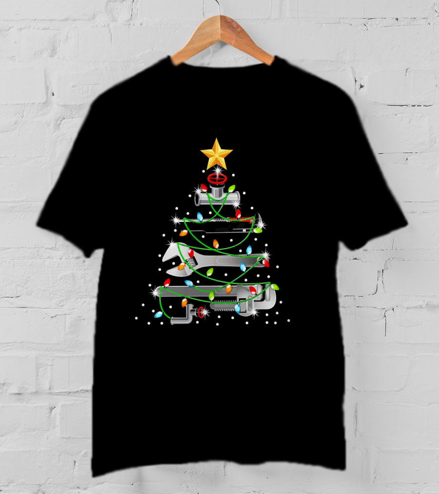 Plumber Christmas Tree Wrench Ornament With Lights And Star T-Shirt