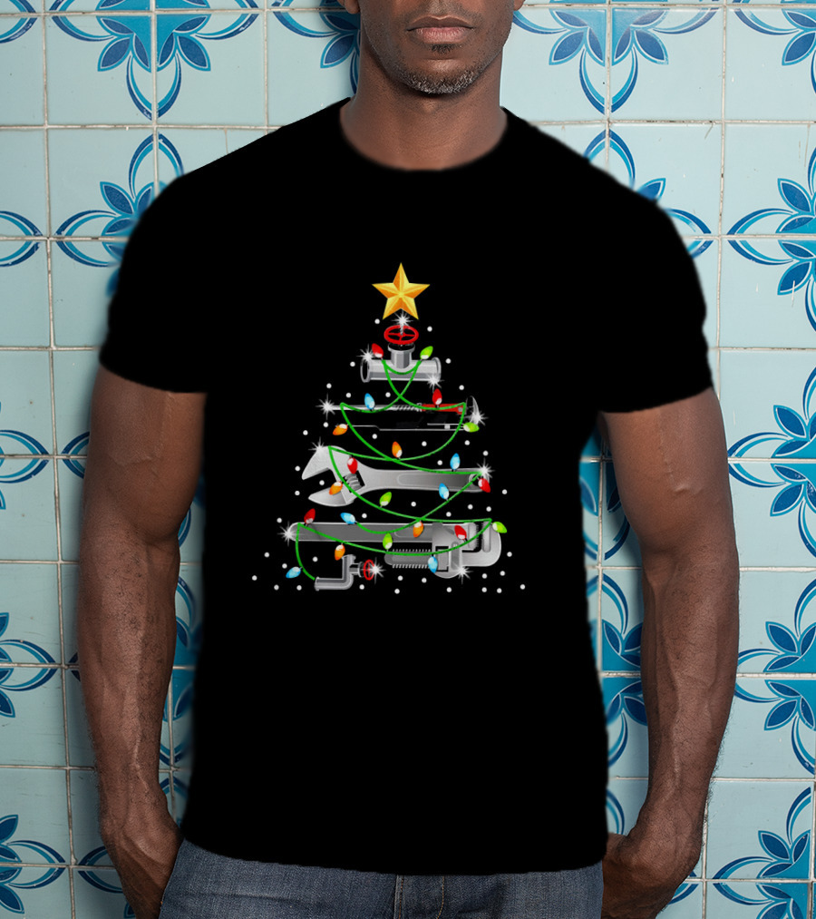 Plumber Christmas Tree Wrench Ornament With Lights And Star T-Shirt