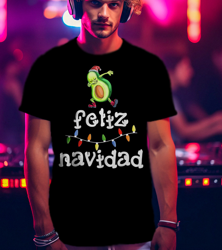 Feliz Navidad Avocado Dabbing With Christmas Lights T-Shirt