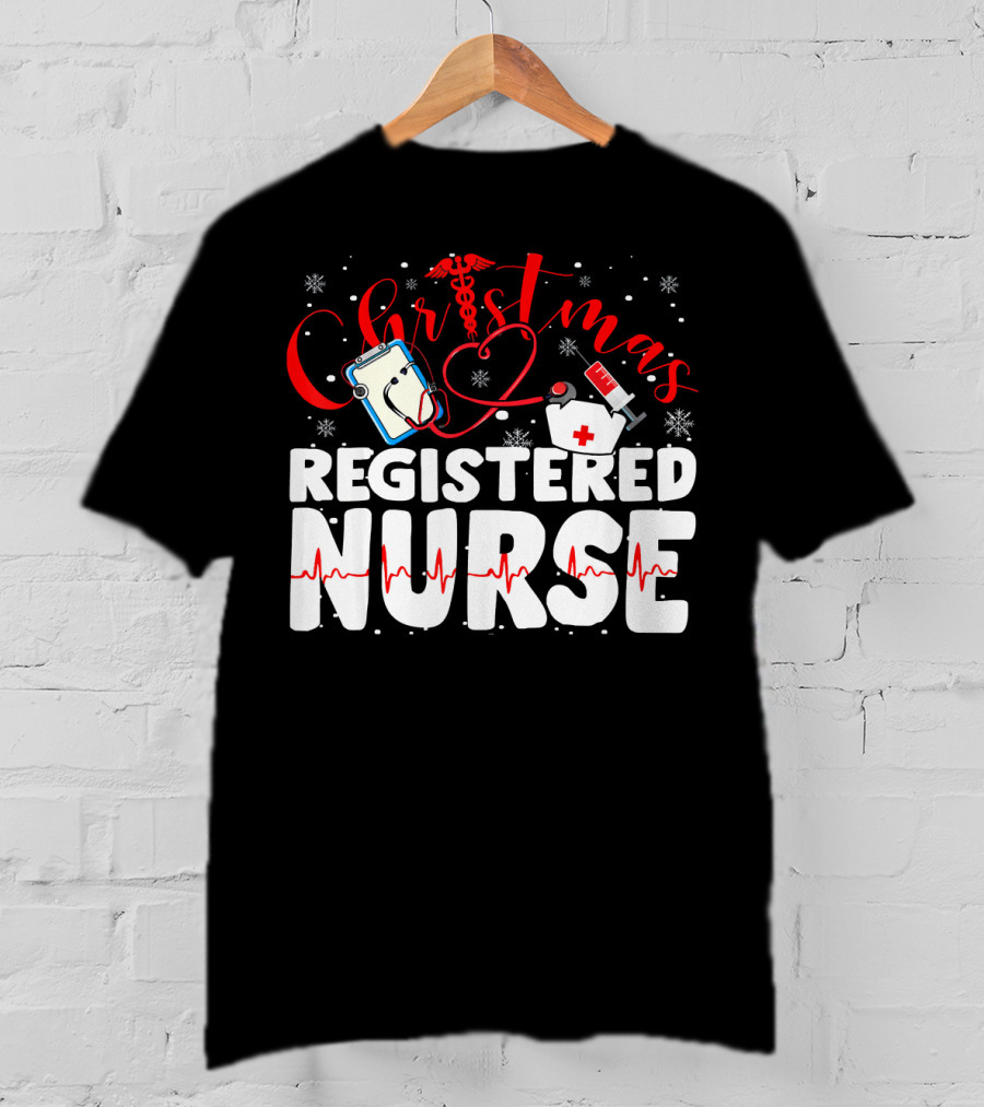 Christmas Registered Nurse With Medical Icons And Heartbeat T-Shirt