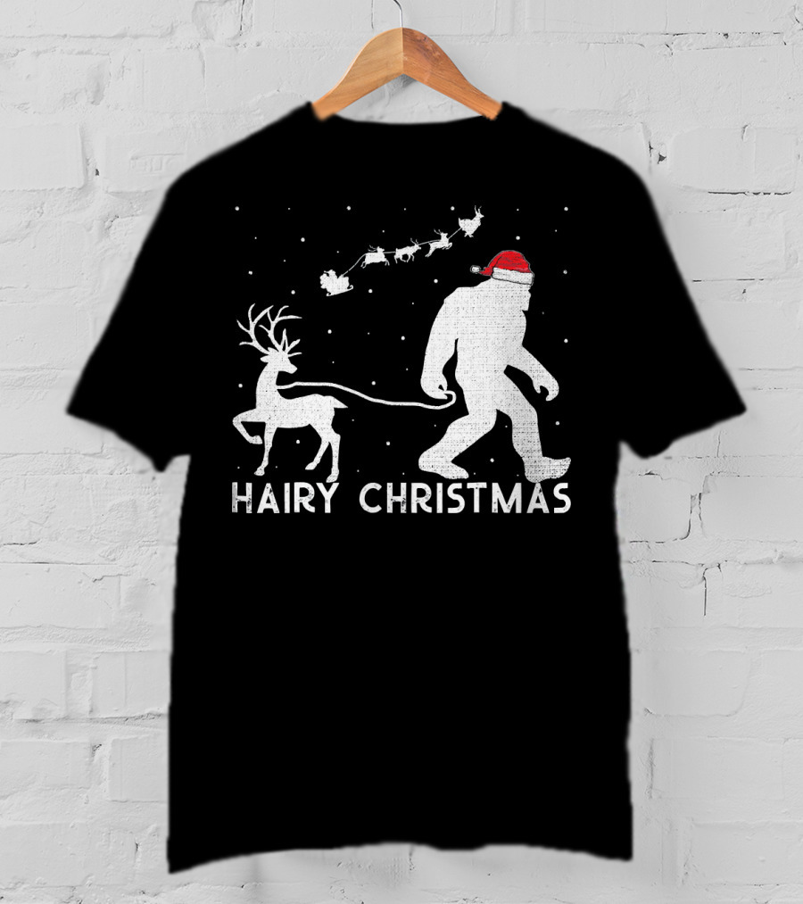 Hairy Christmas Bigfoot Santa Reindeer Snow Scene T-Shirt