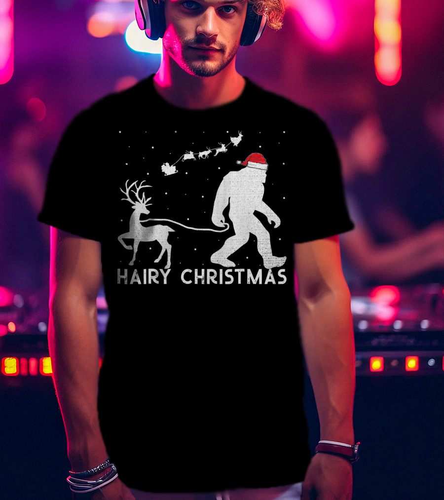Hairy Christmas Bigfoot Santa Reindeer Snow Scene T-Shirt