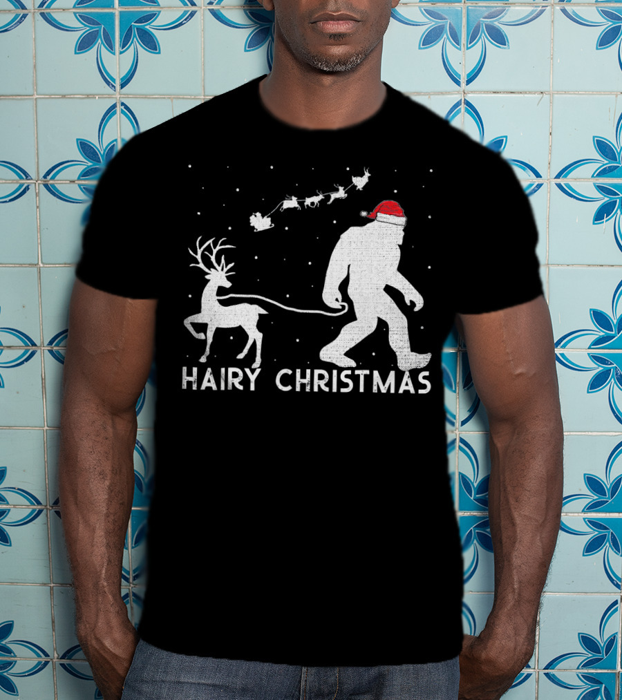 Hairy Christmas Bigfoot Santa Reindeer Snow Scene T-Shirt