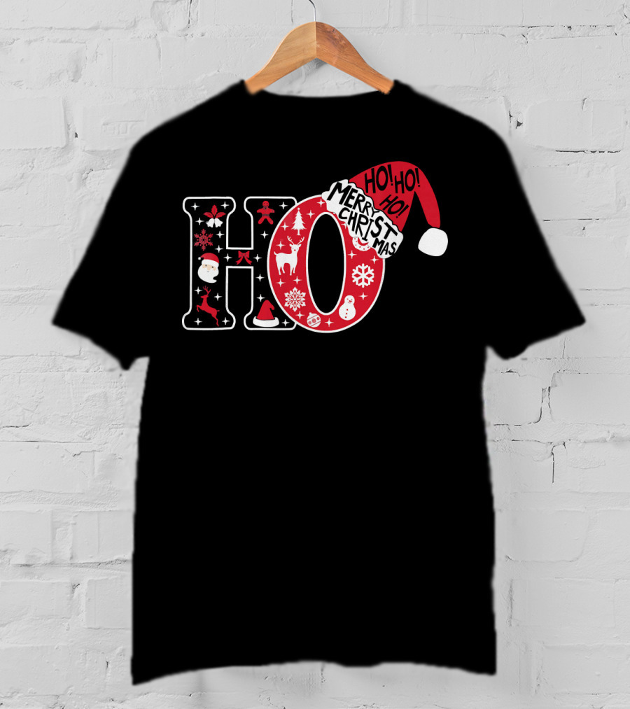 HO HO HO Merry Christmas Santa Hat Snowflakes T-Shirt