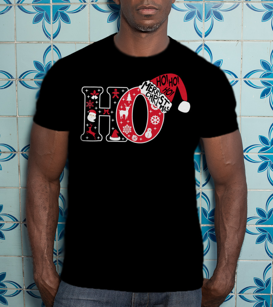 HO HO HO Merry Christmas Santa Hat Snowflakes T-Shirt