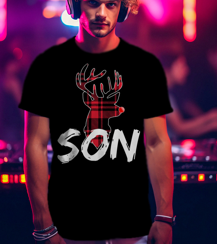 Son Family Matching Christmas Red Plaid Reindeer T-Shirt