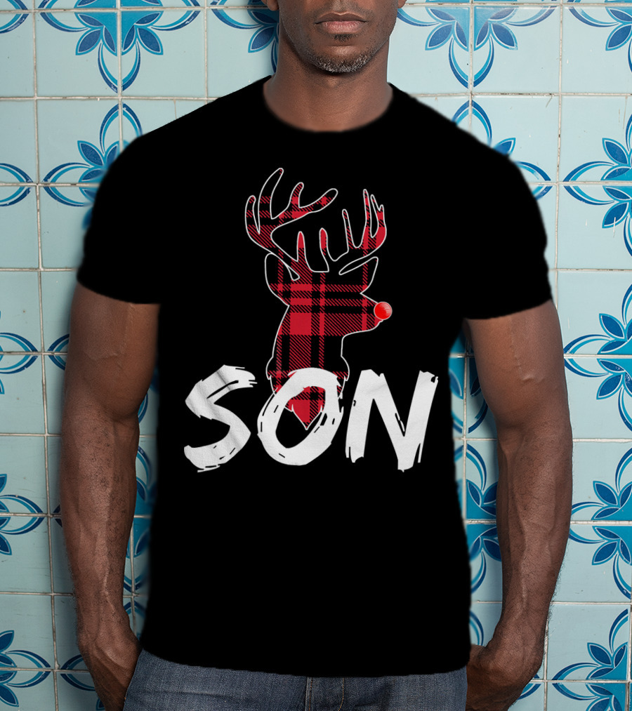 Son Family Matching Christmas Red Plaid Reindeer T-Shirt