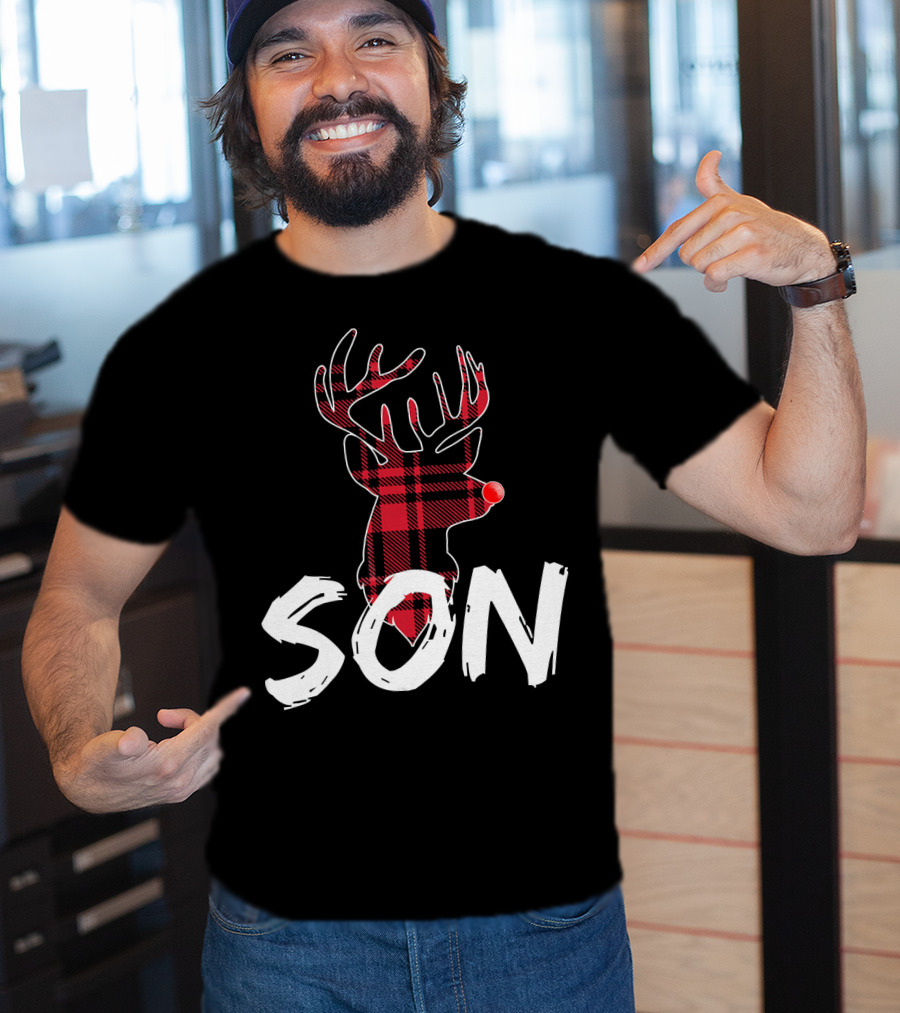Son Family Matching Christmas Red Plaid Reindeer T-Shirt