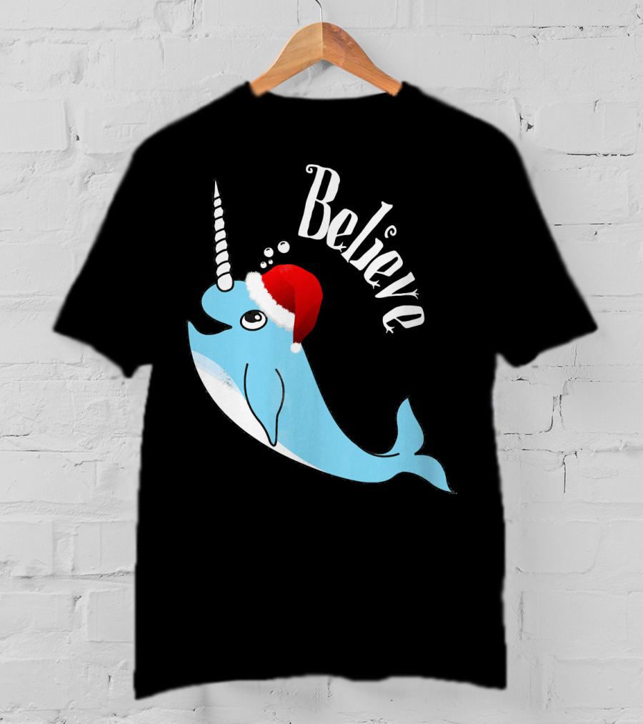 Believe Narwhal Christmas Cute Unicorn Santa Hat T-Shirt