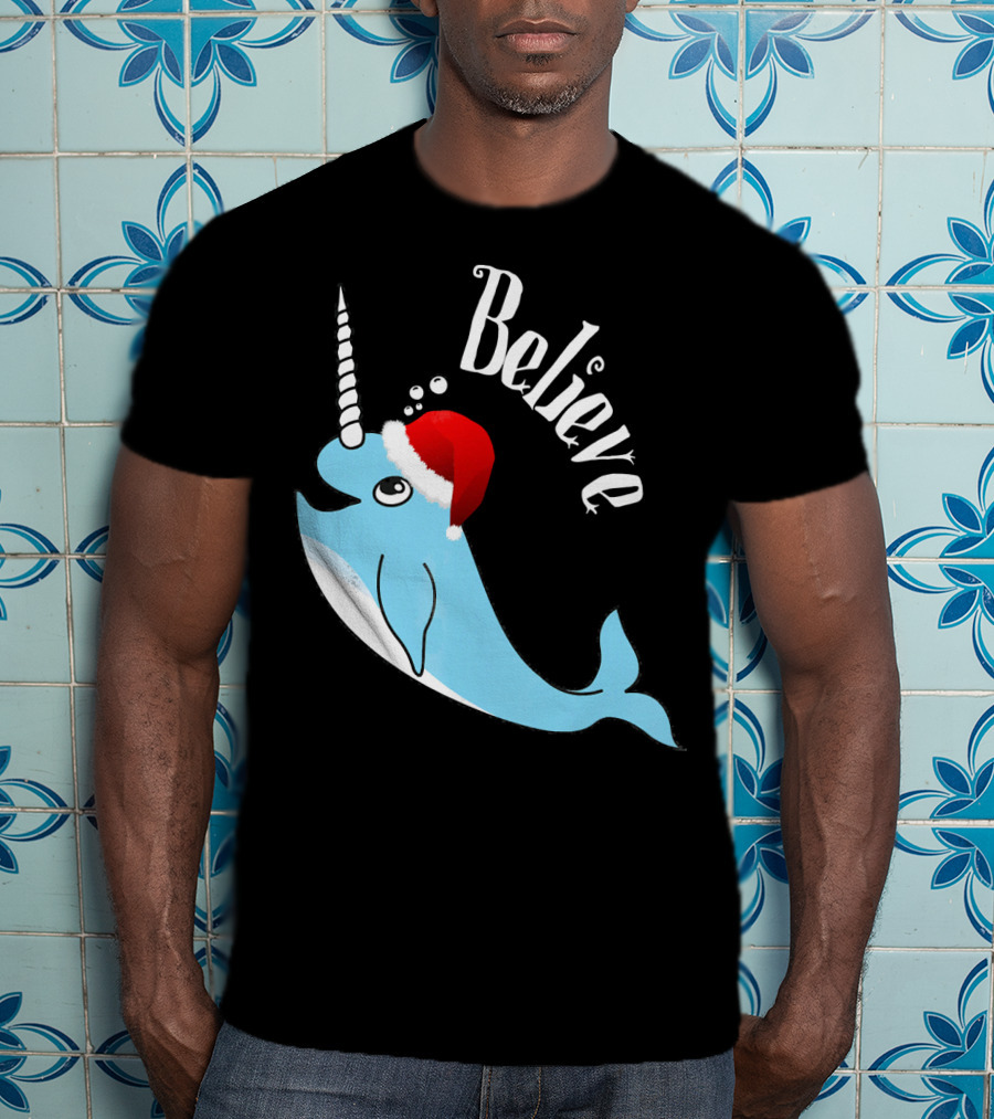 Believe Narwhal Christmas Cute Unicorn Santa Hat T-Shirt