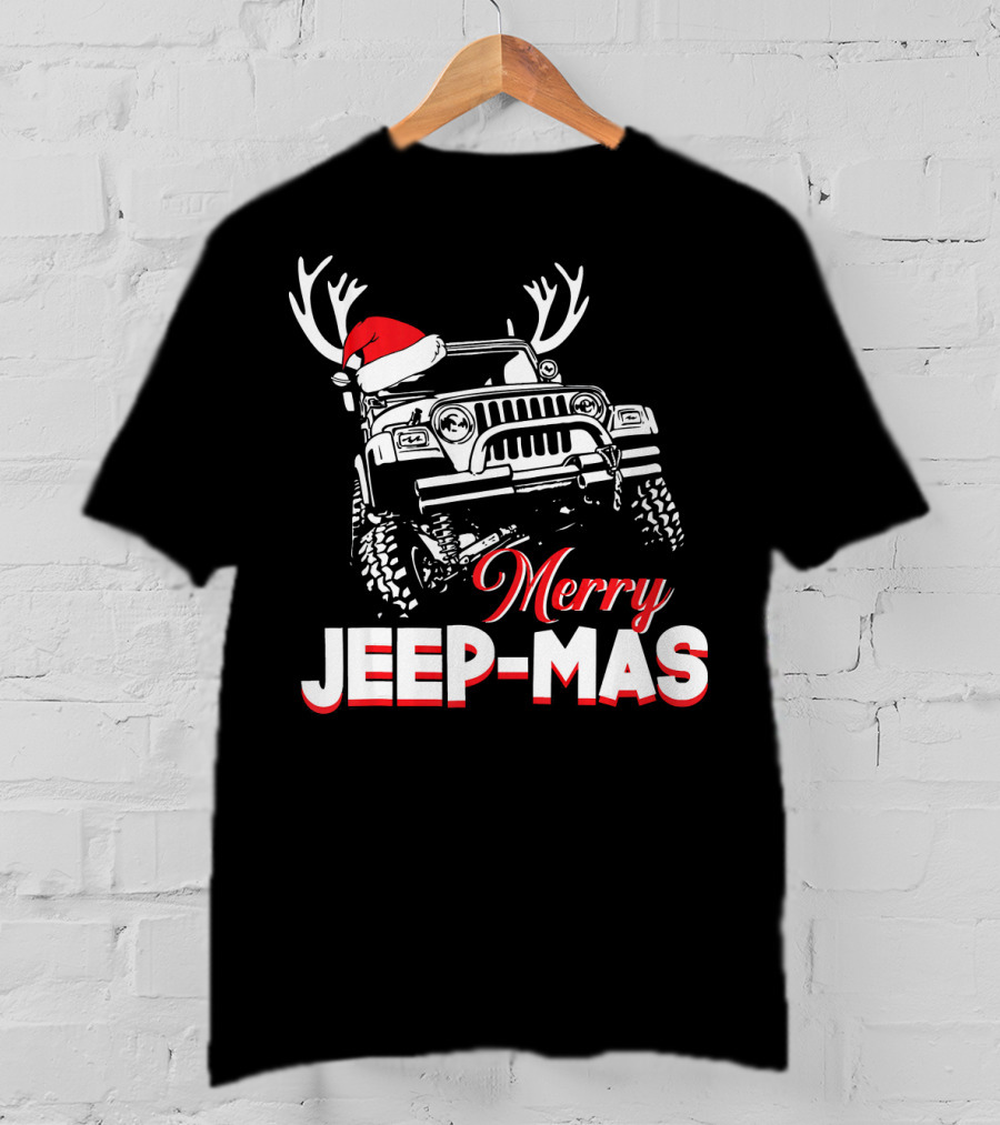 Merry Jeep-Mas Funny Jeep With Santa Hat And Reindeer Antlers T-Shirt