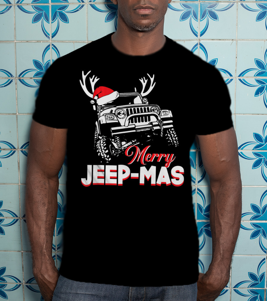 Merry Jeep-Mas Funny Jeep With Santa Hat And Reindeer Antlers T-Shirt