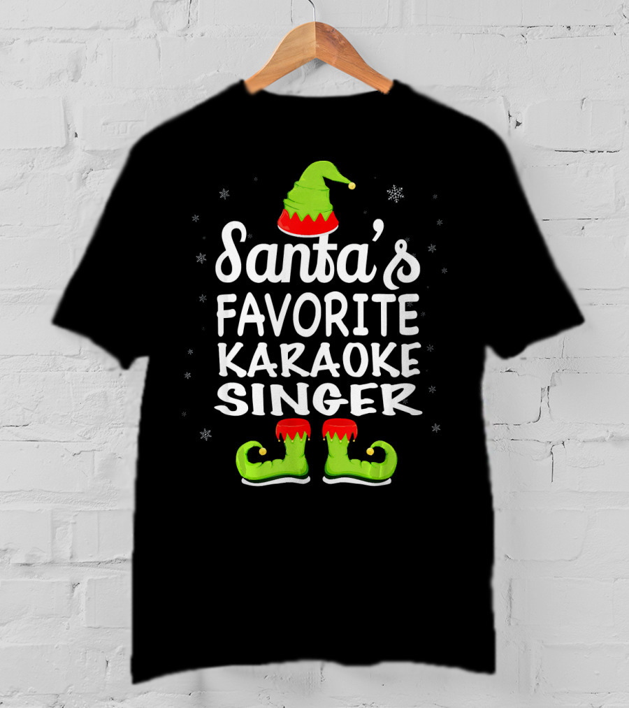 Santa's Favorite Karaoke Singer Funny Christmas Elf Hat And Boots T-Shirt