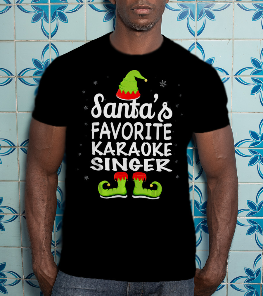Santa's Favorite Karaoke Singer Funny Christmas Elf Hat And Boots T-Shirt