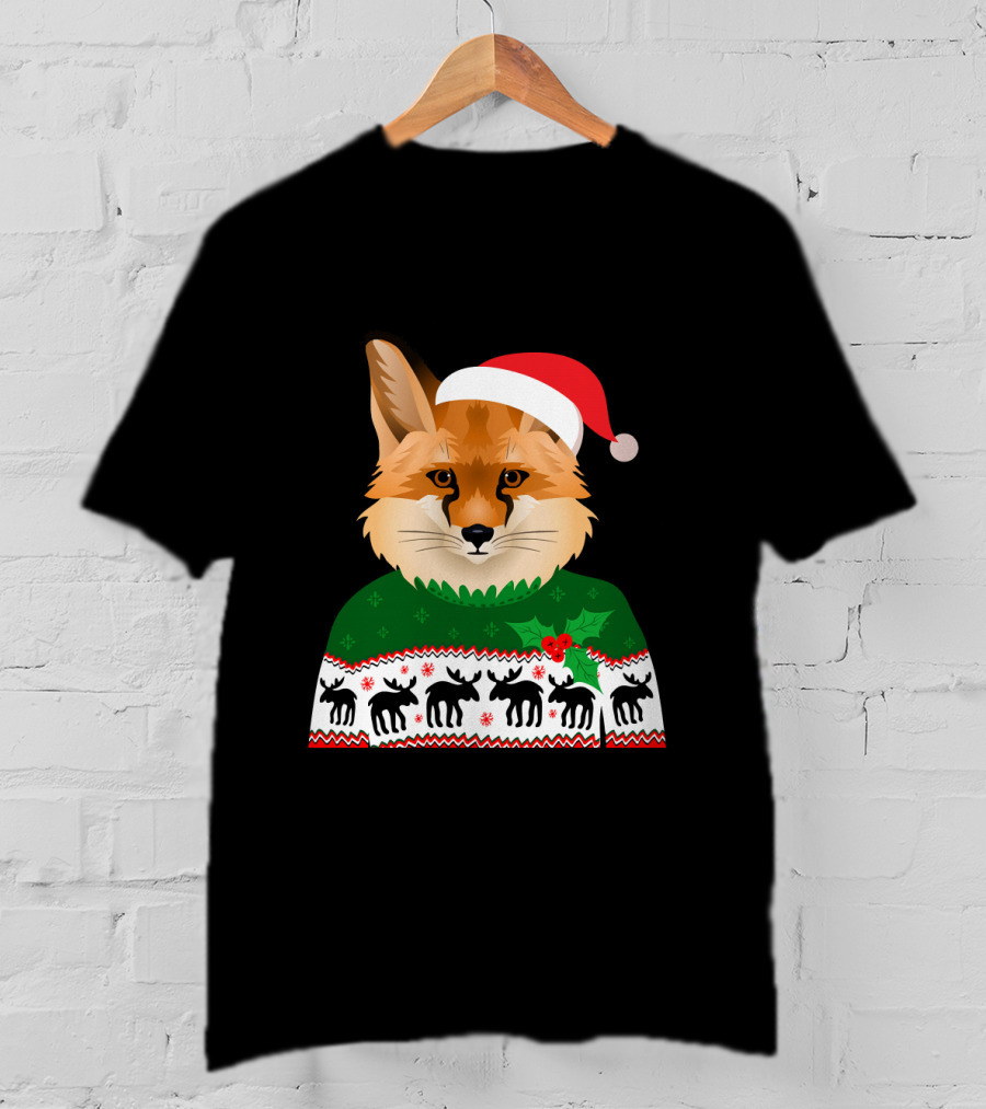 Long Sleeve Fox Ugly Christmas Sweater Santa Hat T-Shirt