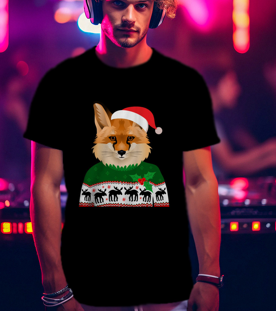 Long Sleeve Fox Ugly Christmas Sweater Santa Hat T-Shirt