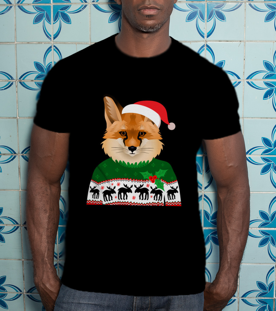 Long Sleeve Fox Ugly Christmas Sweater Santa Hat T-Shirt