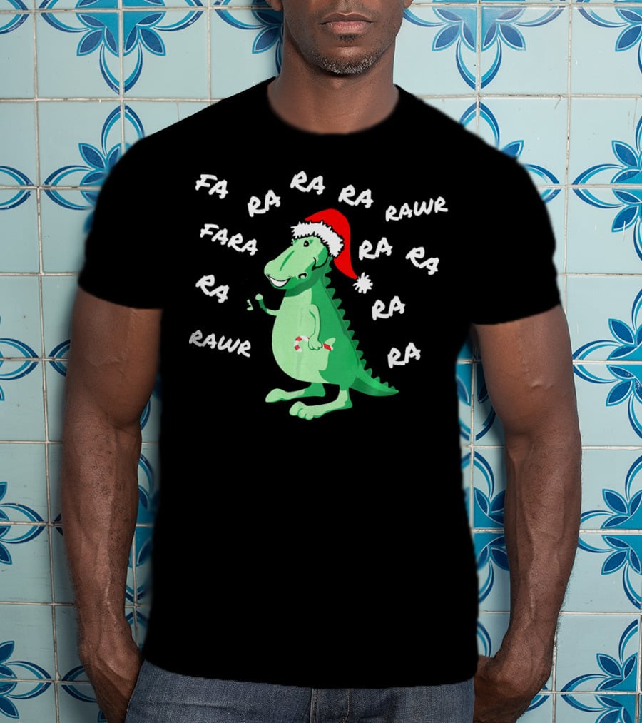 T Rex Dinosaur Singing Fa Ra Rawr Christmas Santa Hat T-Shirt