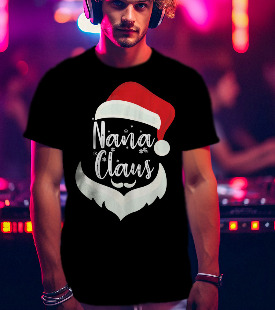 Nana Claus Santa Hat Beard Snowflakes T-Shirt