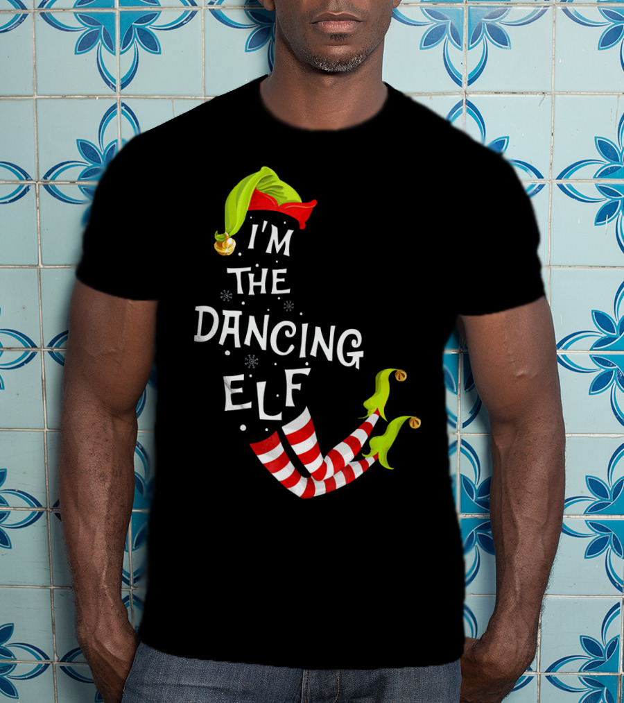I'm The Dancing Elf Christmas Striped Stockings And Festive Hat T-Shirt