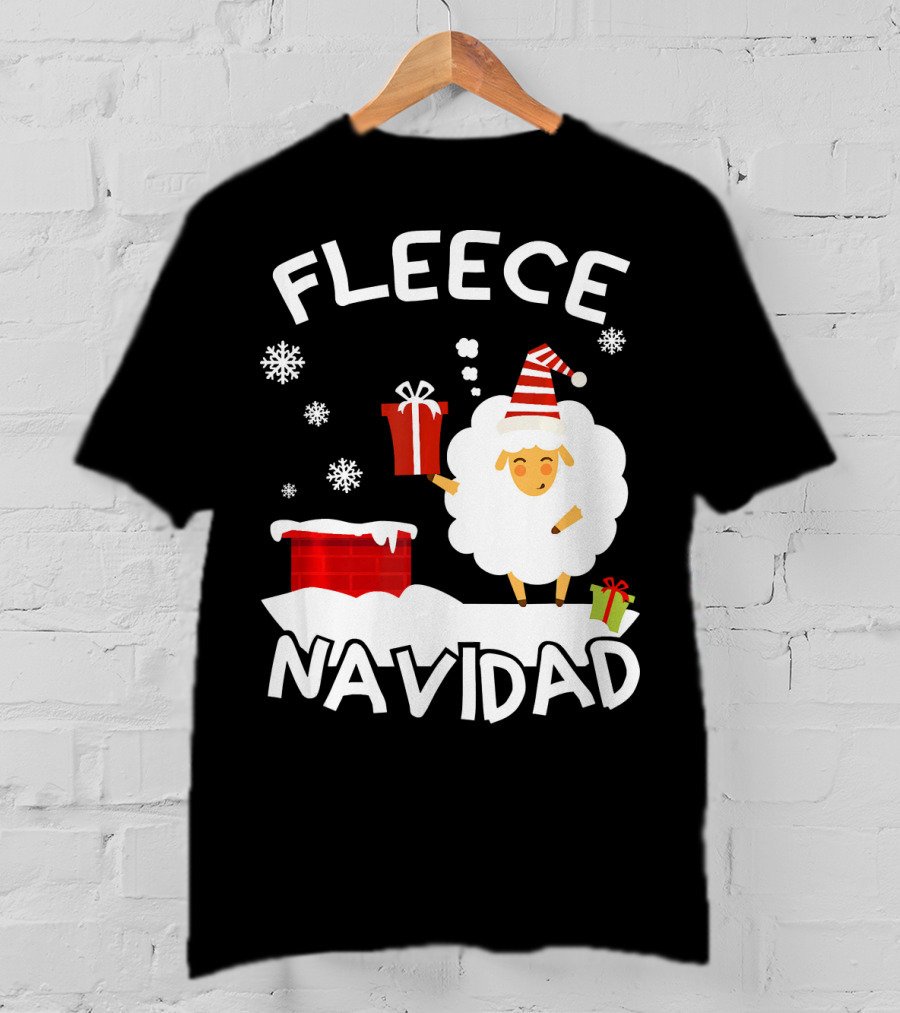Fleece Navidad Sheep With Santa Hat And Gift Chimney Snowflakes T-Shirt